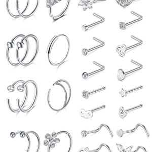 Anicina 20g Nose Rings Studs Surgical Stainless Steel Hoops L Shape Nostril Nose Piercing Jewelry Heart Flower Butterfly Hypoallergenic Screw for Women Men Silver