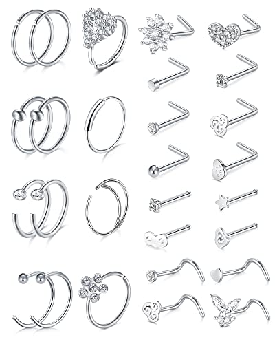 Anicina 20g Nose Rings Studs Surgical Stainless Steel Hoops L Shape Nostril Nose Piercing Jewelry Heart Flower Butterfly Hypoallergenic Screw for Women Men Silver