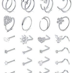 Anicina 20g Nose Rings Studs Surgical Stainless Steel Hoops L Shape Nostril Nose Piercing Jewelry Heart Flower Butterfly Hypoallergenic Screw for Women Men Silver