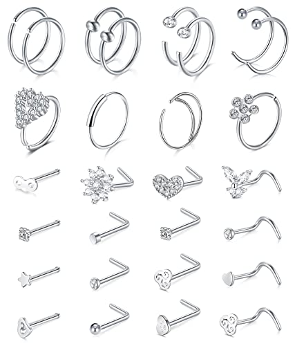 Anicina 20g Nose Rings Studs Surgical Stainless Steel Hoops L Shape Nostril Nose Piercing Jewelry Heart Flower Butterfly Hypoallergenic Screw for Women Men Silver