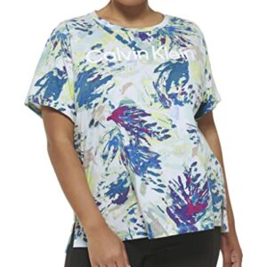 Calvin Klein Performance Women Plus Size Active Logo Print Rolled Cuff Tee, Floral WASH SEA Level, 1X