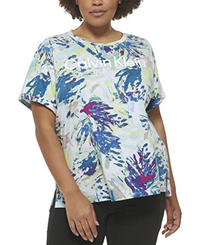 Calvin Klein Performance Women Plus Size Active Logo Print Rolled Cuff Tee, Floral WASH SEA Level, 1X