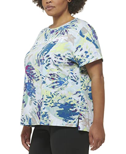 Calvin Klein Performance Women Plus Size Active Logo Print Rolled Cuff Tee, Floral WASH SEA Level, 1X