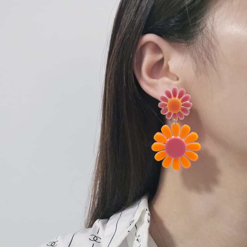 60s 70s Daisy Earrings for Women,Retro Disco Hippie Spring Earrings Bohemian Orange Pink Daisy Flower Dangle Drop Earrings,Acryli Daisy Jewelry for WomenPink