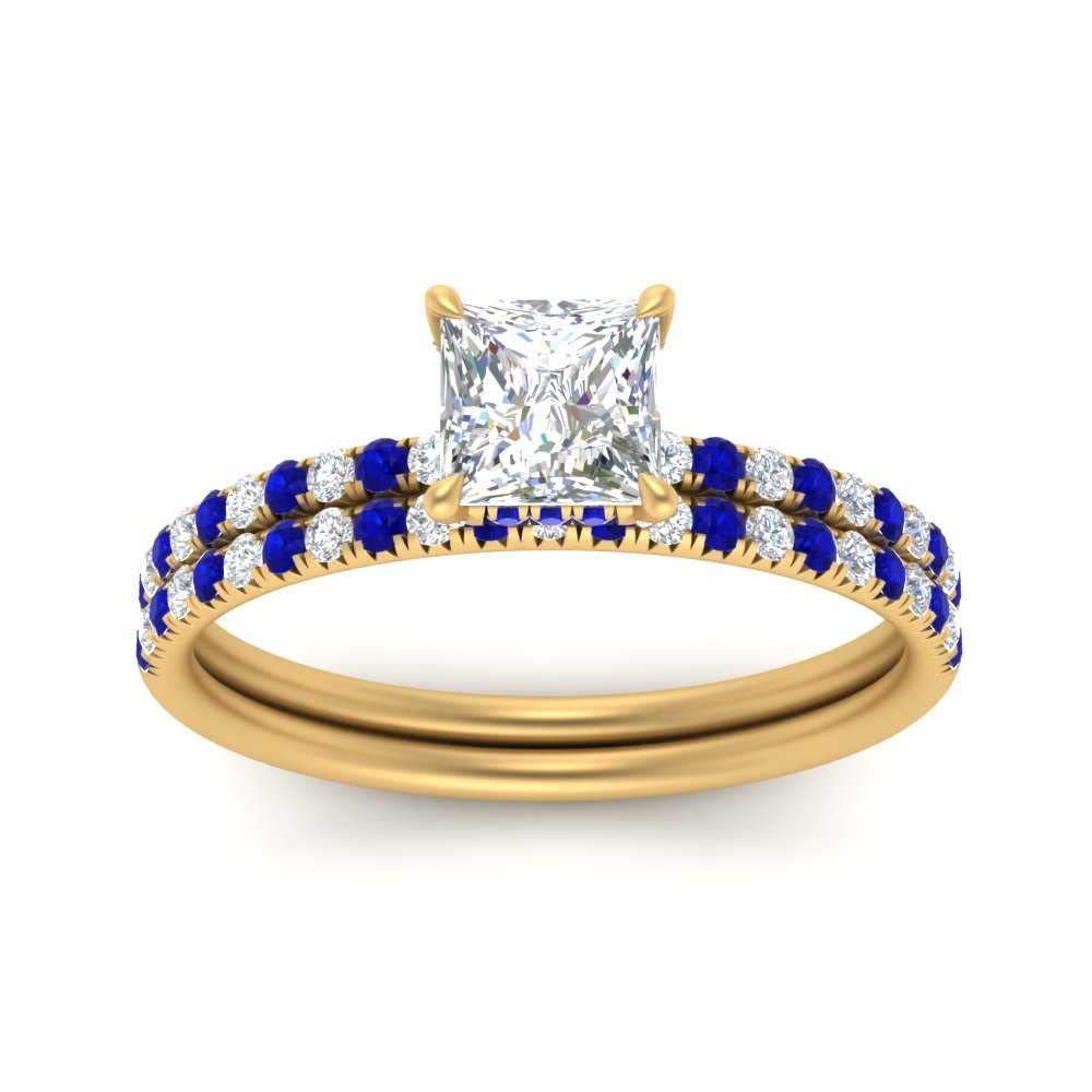 Jewelryonclick Princess Cut Hidden Halo Wedding Rings Yellow Gold Plated Created Blue Sapphire Princess Shape Blue Color Wedding Ring Sets Halo Setting in Size 7 Fashion Jewelry