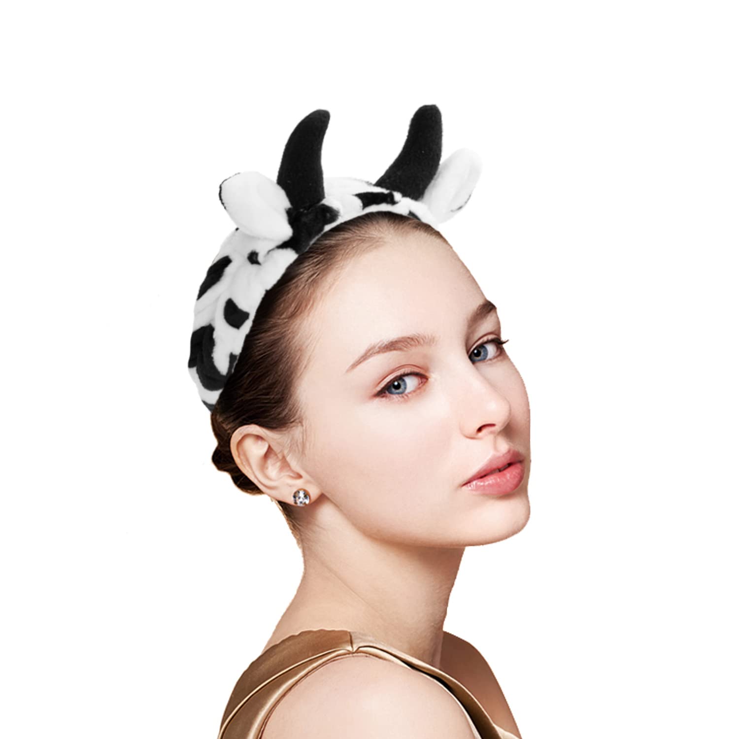 Hofar Face Wash Headband Hairband with Cow Horns Coral Fleece Cartoon Cute Creative Hair Accessories (Black)