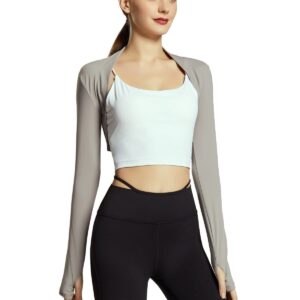 Trendy Ballet Dance Shawl Shrug for Women Open Front Cardigan Workout Arm Sleeves Crop Bolero Top with Thumb Holes for Cycling Outdoor Yoga Pilates Golf Sun Protection Grey