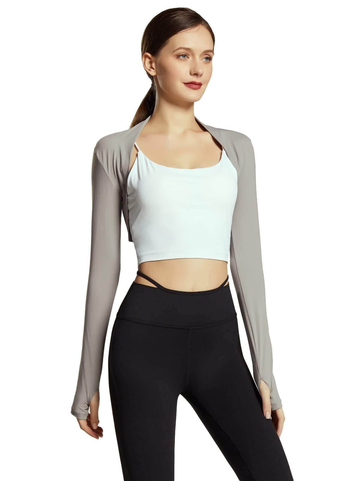 Trendy Ballet Dance Shawl Shrug for Women Open Front Cardigan Workout Arm Sleeves Crop Bolero Top with Thumb Holes for Cycling Outdoor Yoga Pilates Golf Sun Protection Grey