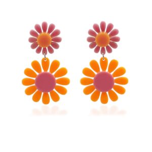 60s 70s Daisy Earrings for Women,Retro Disco Hippie Spring Earrings Bohemian Orange Pink Daisy Flower Dangle Drop Earrings,Acryli Daisy Jewelry for WomenPink