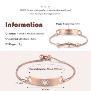 Jewelstruck Medical Alert Bracelets for Women Adjustable Emergency ID Bracelets Free Engraving Personalized Medical Bracelets for Women Custom Medical ID Bracelets for Women (Rose gold)