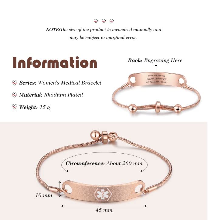 Jewelstruck Medical Alert Bracelets for Women Adjustable Emergency ID Bracelets Free Engraving Personalized Medical Bracelets for Women Custom Medical ID Bracelets for Women (Rose gold)