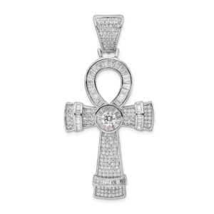 Auriga Fine Jewelry 925 Sterling Silver Rhodium-plated Cubic Zirconia Ankh Cross Pendant Fine Jewelry for Women (L-54.13 mm, W-26.4 mm)