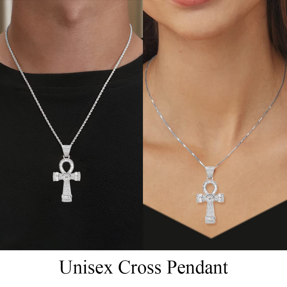 Auriga Fine Jewelry 925 Sterling Silver Rhodium-plated Cubic Zirconia Ankh Cross Pendant Fine Jewelry for Women (L-54.13 mm, W-26.4 mm)