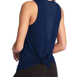 Bestisun Workout Tank Tops for Women Tie Back Workout Tank Mesh Muscle Tank Mesh Athletic Gym Shirts Dance Tops Navy Blue XL