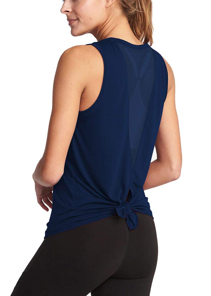 Bestisun Workout Tank Tops for Women Tie Back Workout Tank Mesh Muscle Tank Mesh Athletic Gym Shirts Dance Tops Navy Blue XL