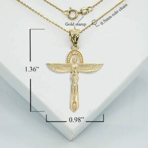 Ancient Egypt Jewelry Horus 14K Yellow Gold Ankh Winged Cross Egyptian Goddess Isis Pendant