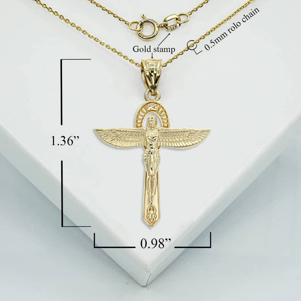 Ancient Egypt Jewelry Horus 14K Yellow Gold Ankh Winged Cross Egyptian Goddess Isis Pendant