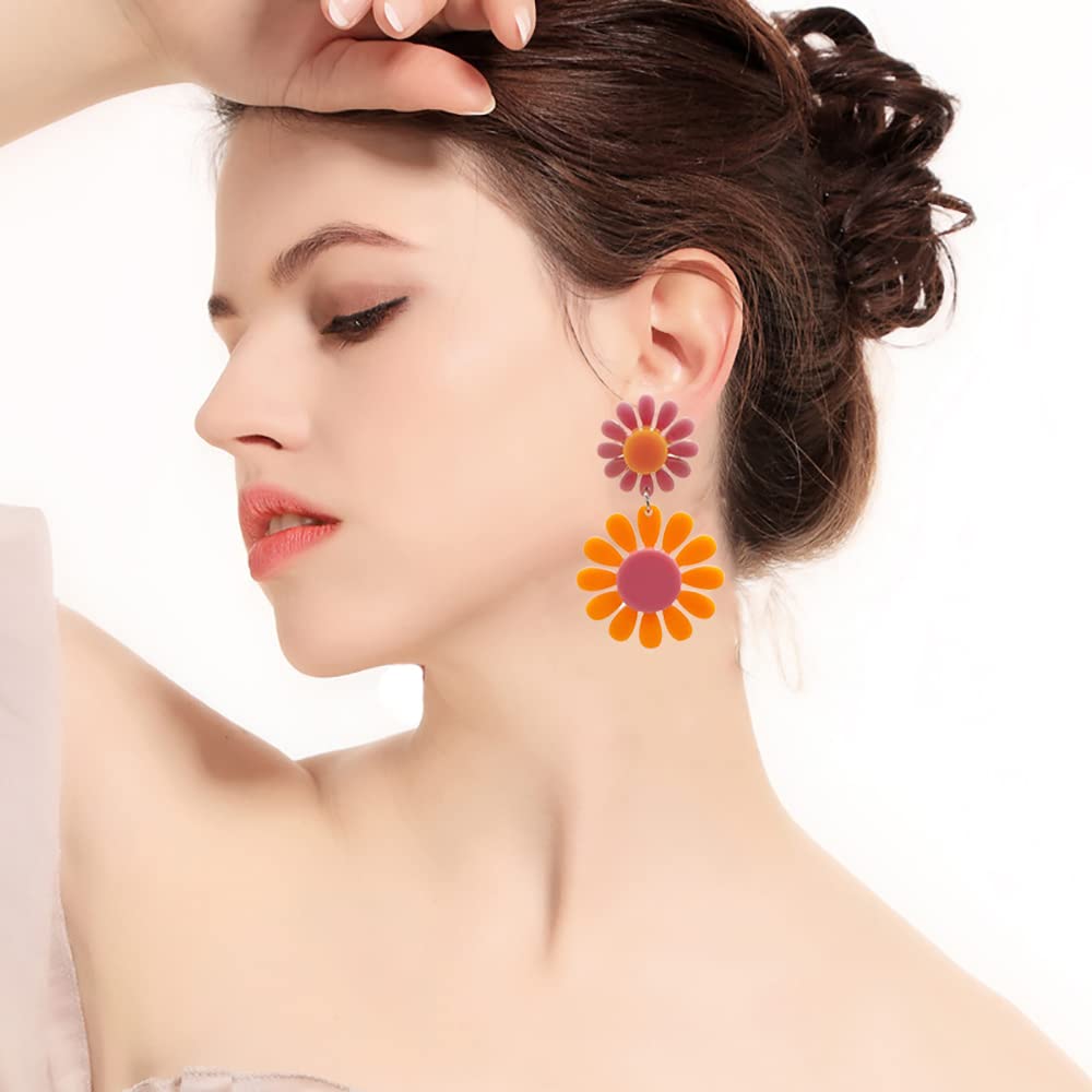 60s 70s Daisy Earrings for Women,Retro Disco Hippie Spring Earrings Bohemian Orange Pink Daisy Flower Dangle Drop Earrings,Acryli Daisy Jewelry for WomenPink