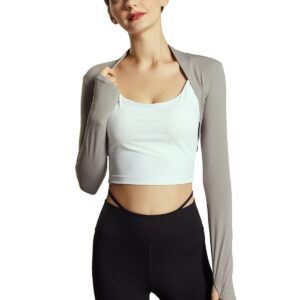 Trendy Ballet Dance Shawl Shrug for Women Open Front Cardigan Workout Arm Sleeves Crop Bolero Top with Thumb Holes for Cycling Outdoor Yoga Pilates Golf Sun Protection Grey