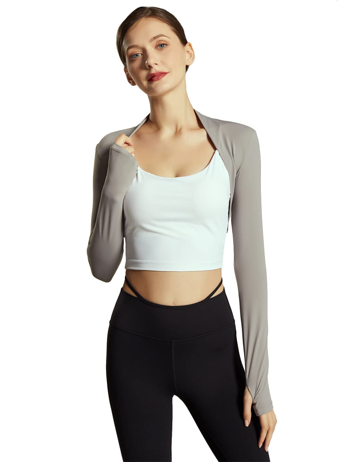 Trendy Ballet Dance Shawl Shrug for Women Open Front Cardigan Workout Arm Sleeves Crop Bolero Top with Thumb Holes for Cycling Outdoor Yoga Pilates Golf Sun Protection Grey