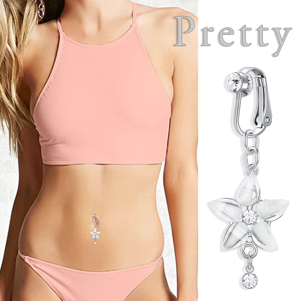 Anicina Fake Belly Ring for Women CZ Clip on Fake Belly Piercing Dangling Surgical Steel Fake Belly Button Ring Fake Earrings Silver