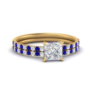 Jewelryonclick Princess Cut Hidden Halo Wedding Rings Yellow Gold Plated Created Blue Sapphire Princess Shape Blue Color Wedding Ring Sets Halo Setting in Size 7 Fashion Jewelry