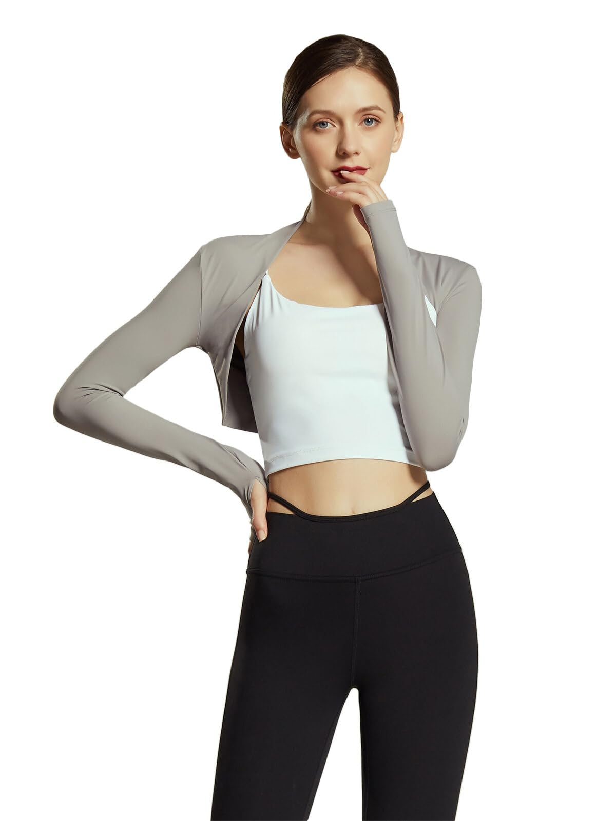 Trendy Ballet Dance Shawl Shrug for Women Open Front Cardigan Workout Arm Sleeves Crop Bolero Top with Thumb Holes for Cycling Outdoor Yoga Pilates Golf Sun Protection Grey