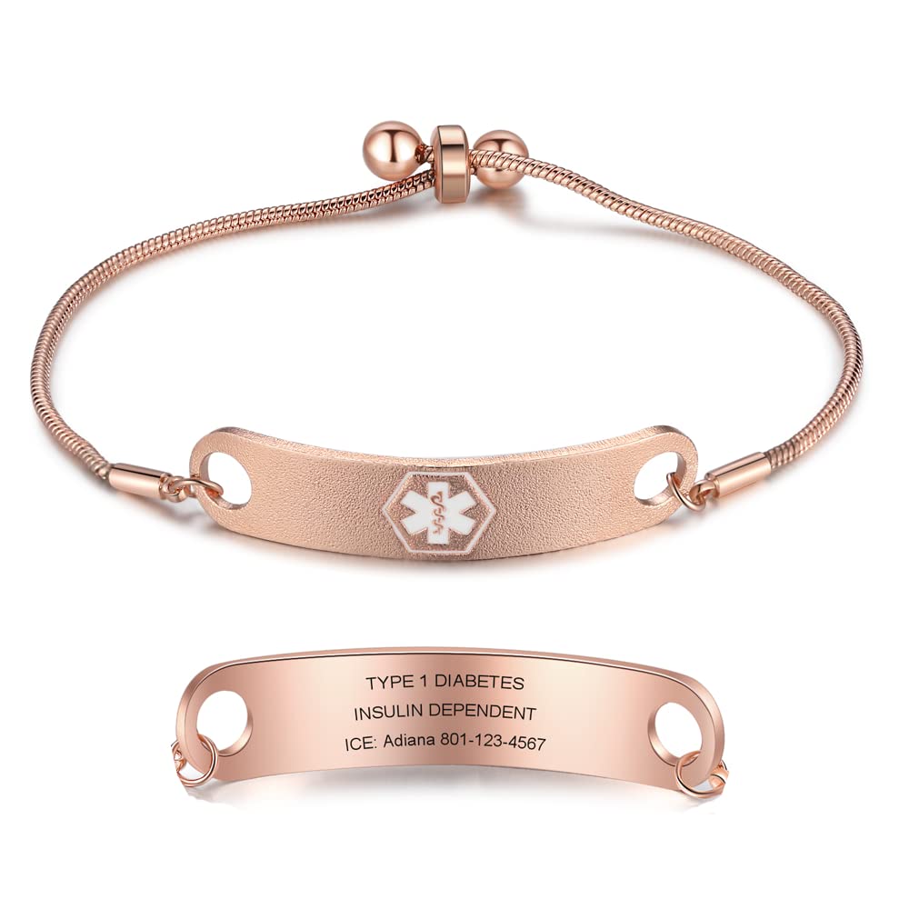 Jewelstruck Medical Alert Bracelets for Women Adjustable Emergency ID Bracelets Free Engraving Personalized Medical Bracelets for Women Custom Medical ID Bracelets for Women (Rose gold)