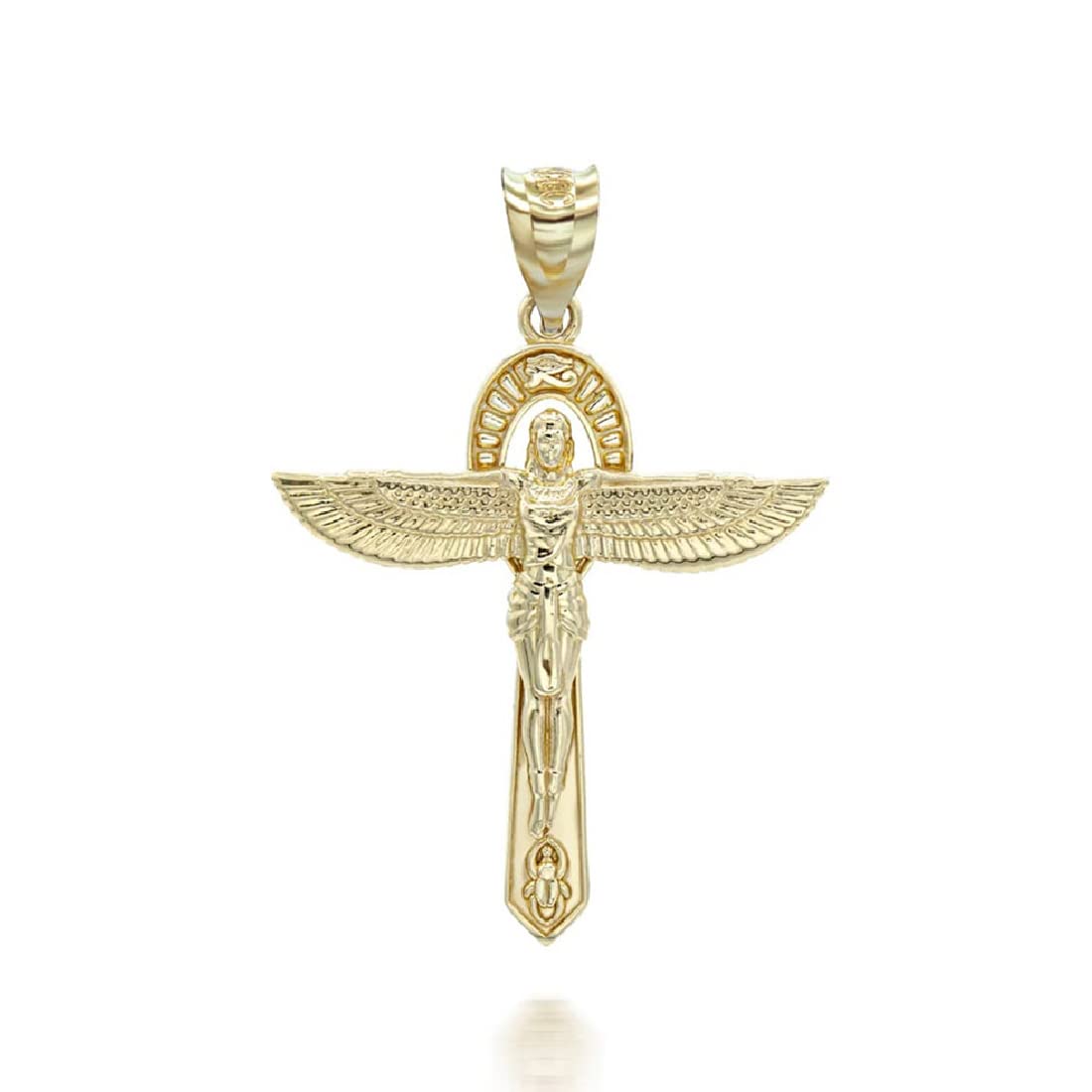 Ancient Egypt Jewelry Horus 14K Yellow Gold Ankh Winged Cross Egyptian Goddess Isis Pendant