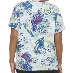 Calvin Klein Performance Women Plus Size Active Logo Print Rolled Cuff Tee, Floral WASH SEA Level, 1X