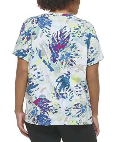 Calvin Klein Performance Women Plus Size Active Logo Print Rolled Cuff Tee, Floral WASH SEA Level, 1X