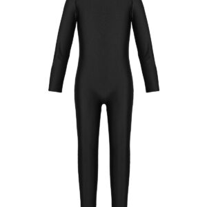 QinCiao Children's Girls Spandex Gymnastics Full Length Bodysuit Jumpsuit Long Sleeve Catsuit Unitard Dance wear Leotard Black 11-12