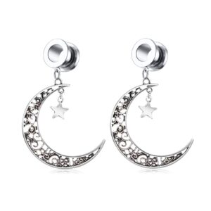 2pcs 9/16 inch ear gauges tunnels steel, womens tunnels for ears dangle 14mm vintage moon and star pendant