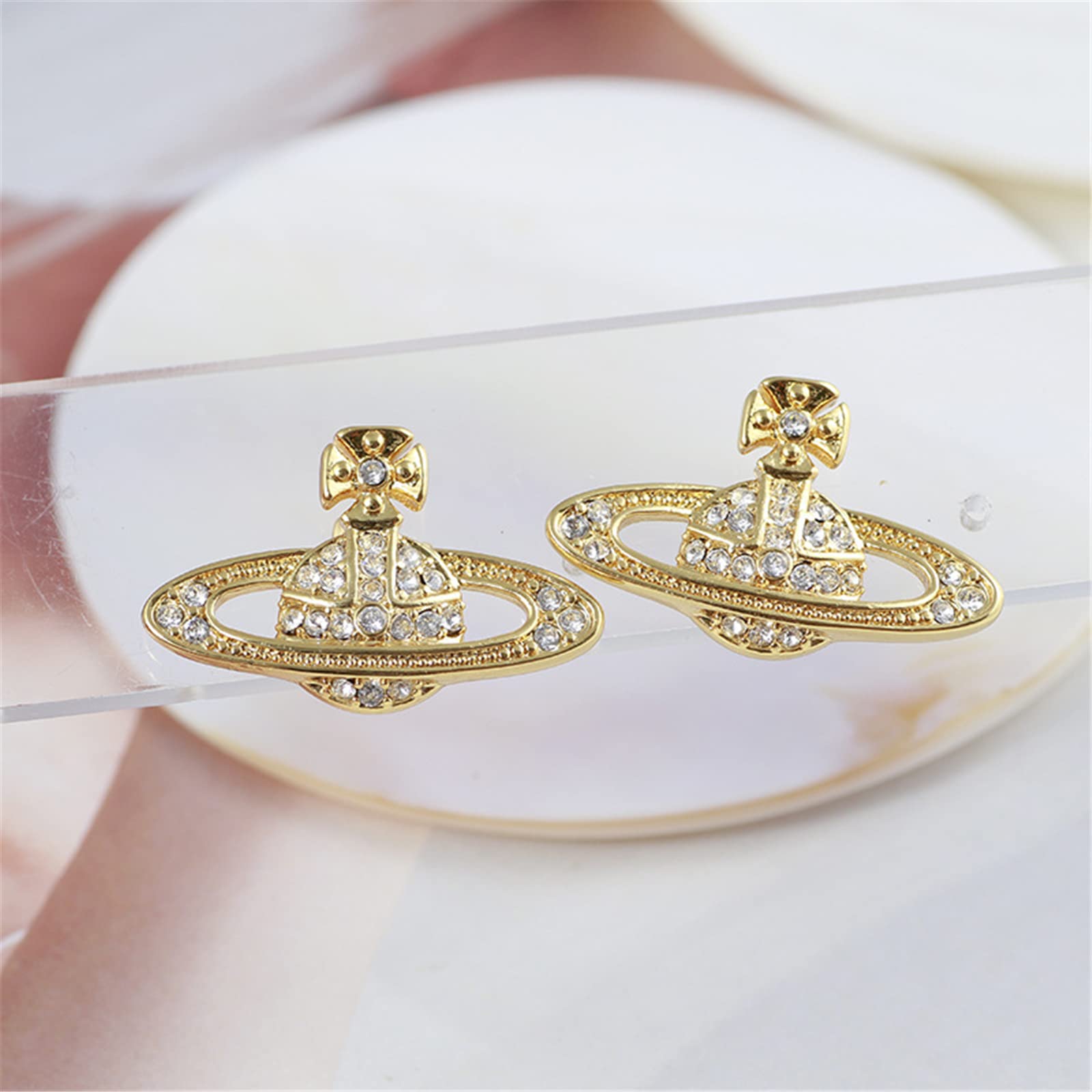 Saturn Planet Stud Earrings for Women Aesthetic Cubic Zircon Rhinestone Planet Earrings Dainty Crystal Earrings (Gold Saturn Earrings)