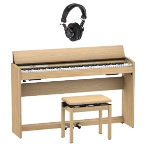 roland f701 88-key supernatural digital piano, with bench & stand, light oak bundle with studio monitor headphones