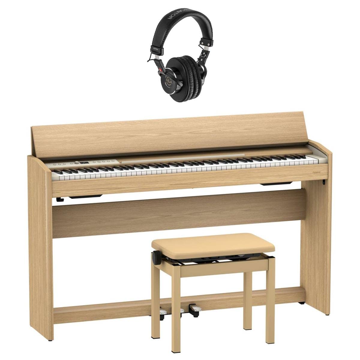 Roland F701 88-Key SuperNATURAL Digital Piano, with Bench & Stand, Light Oak Bundle with Studio Monitor Headphones