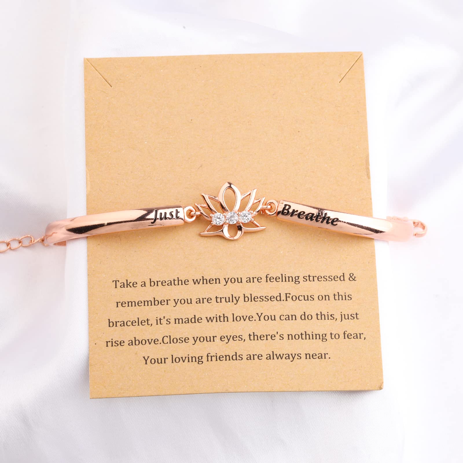 WUSUANED Spiritual Lotus Flower Bracelet With Message Card Just Breathe Jewelry Yoga Healing Inspirational Gift For Women (Just breathe bracelet card rose gold)