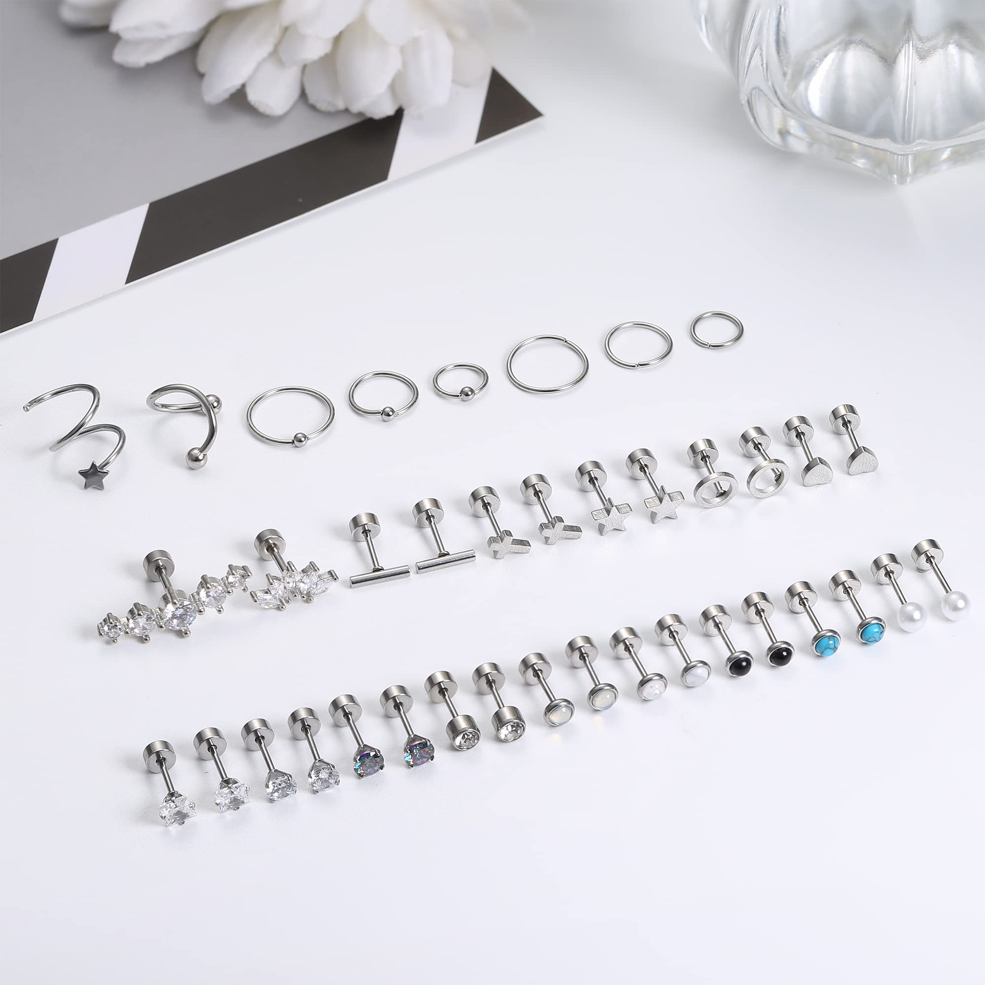 FASACCO Flat Back Cartilage Earrings Silver Surgical Steel Cartilage Hoop Stud Earrings Tragus Helix Piercing Jewelry