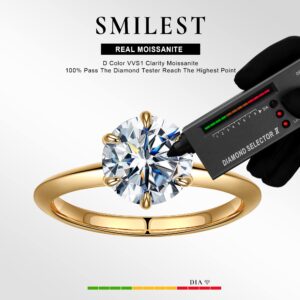 SMILEST 2ct Moissanite Solitaire Ring for Women, D Color VVS1 Clarity Round Lab Created Diamond Engagement Ring 18K Yellow Gold Plated 925 Sterling Silver Classic Moissanite Rings for Women Wife