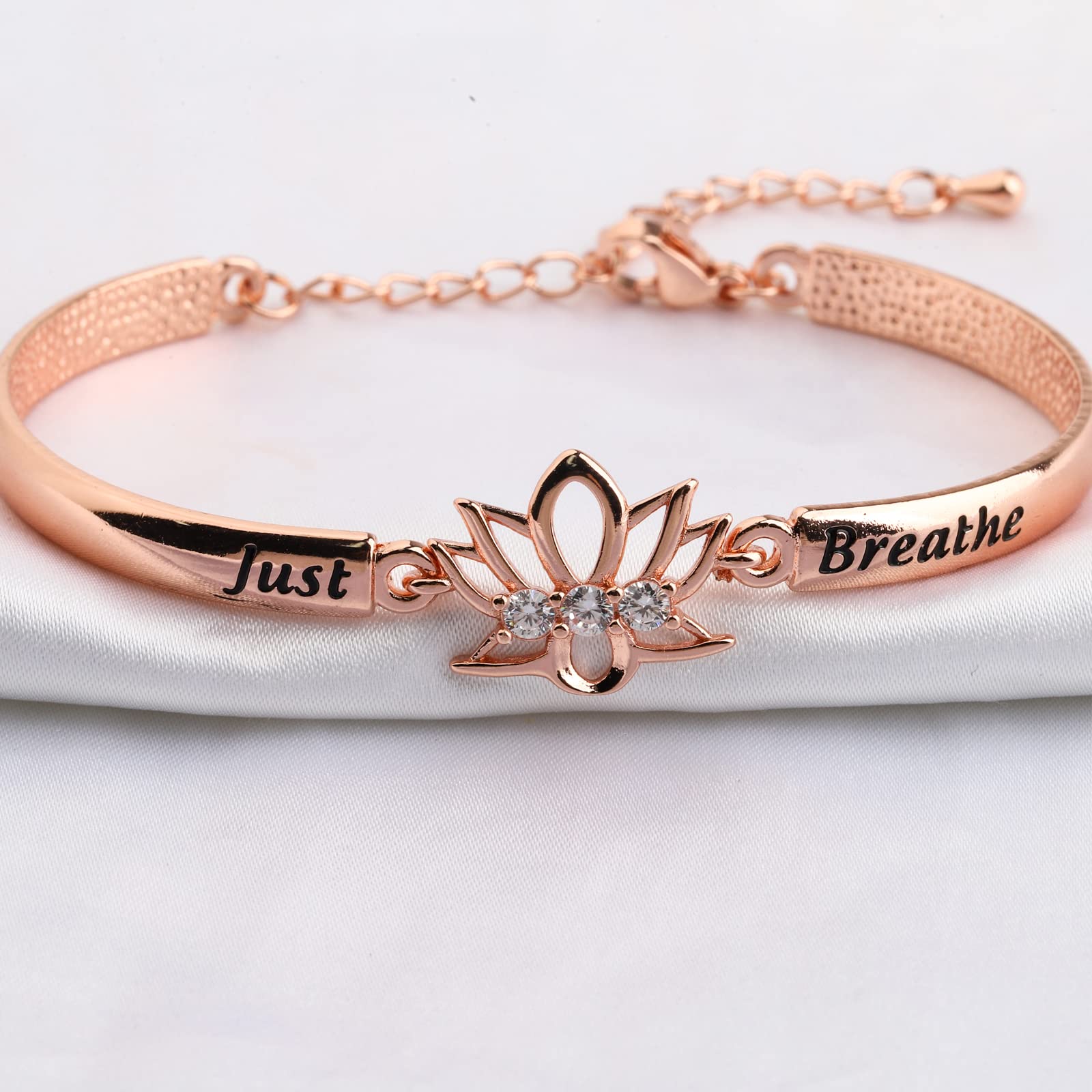 WUSUANED Spiritual Lotus Flower Bracelet With Message Card Just Breathe Jewelry Yoga Healing Inspirational Gift For Women (Just breathe bracelet card rose gold)