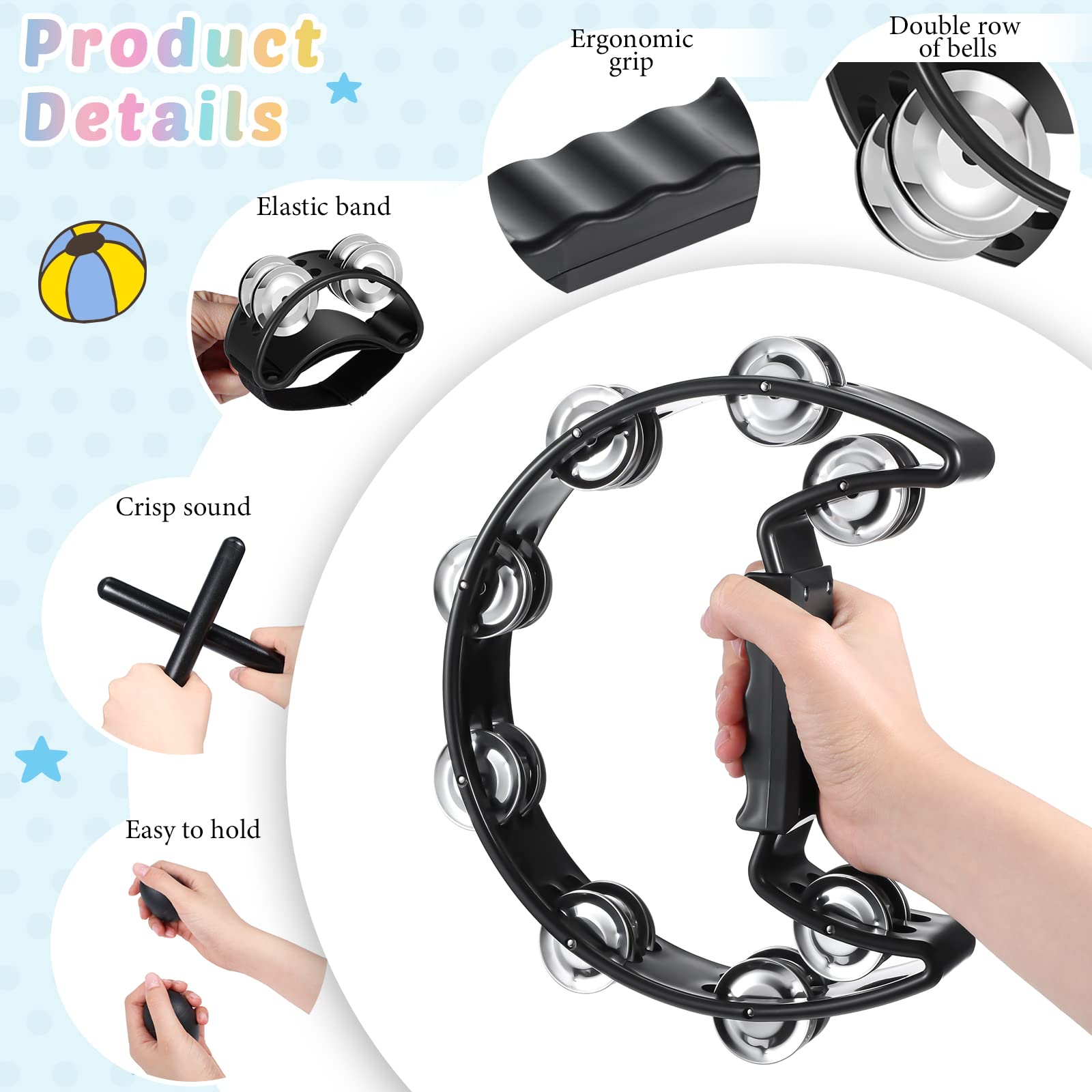 Yeshone 6 Pcs Tambourines for Adults, Hand Held Half Moon Tambourine Foot Tambourine with Bells Wood Rhythm Sticks Egg Shakers Musical Hand Percussion Instrument Set for Party Music Supplies (Black)