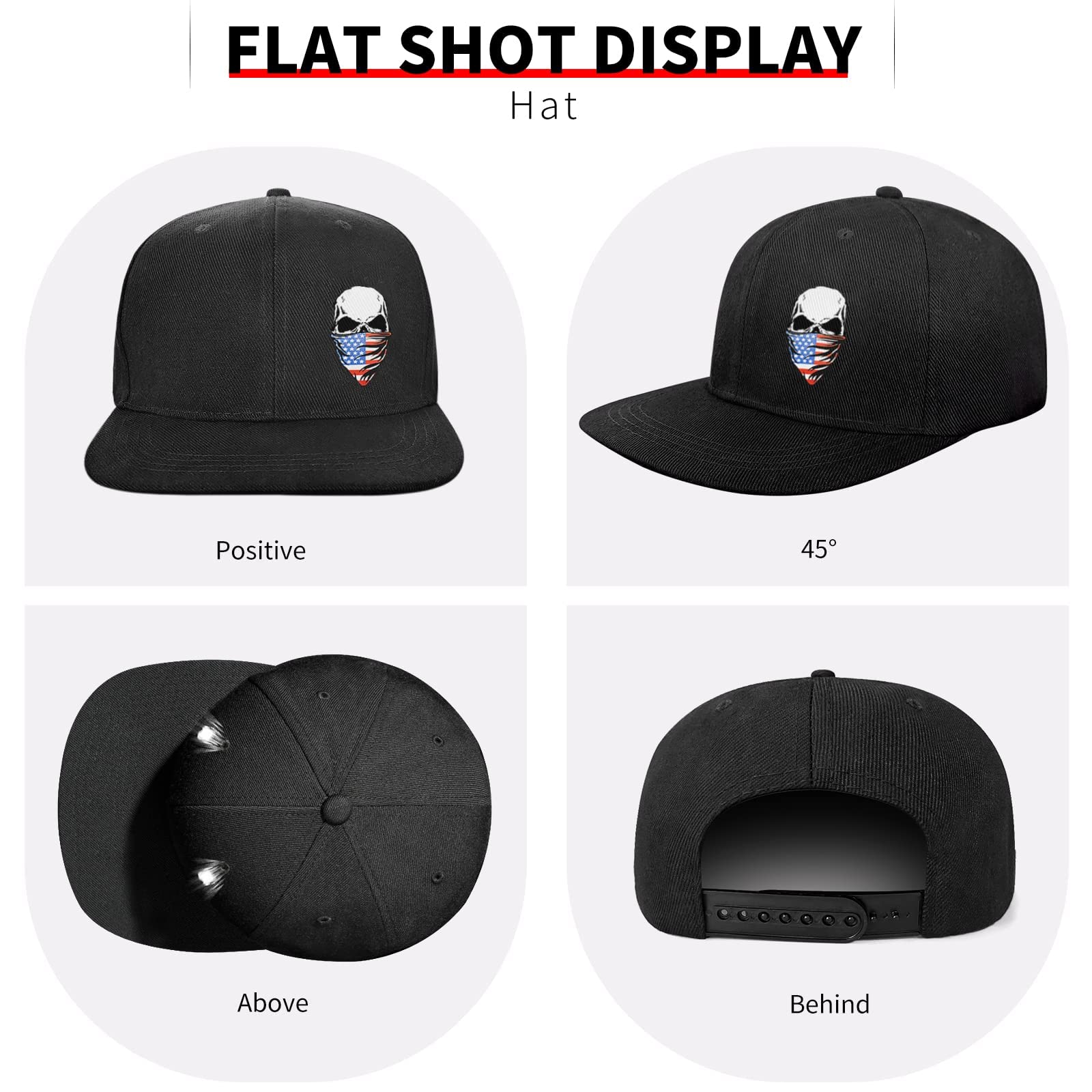 Negi Skull with Flag Mask Item Black Snapback Hats for Men Caps, Classic Women Skull Hats for Men Snapback Extender Adjustable, Cozy Skeleton Cap Black Trucker Hats for Men Women