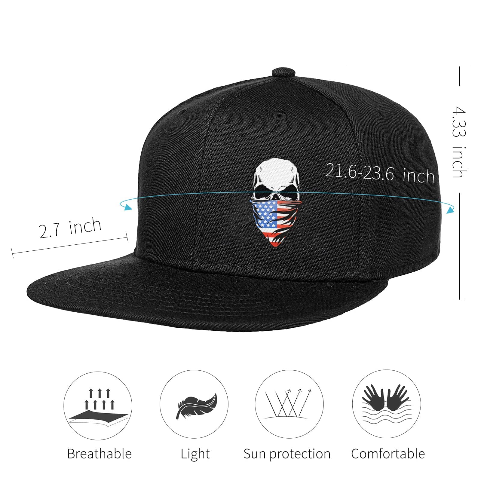 Negi Skull with Flag Mask Item Black Snapback Hats for Men Caps, Classic Women Skull Hats for Men Snapback Extender Adjustable, Cozy Skeleton Cap Black Trucker Hats for Men Women