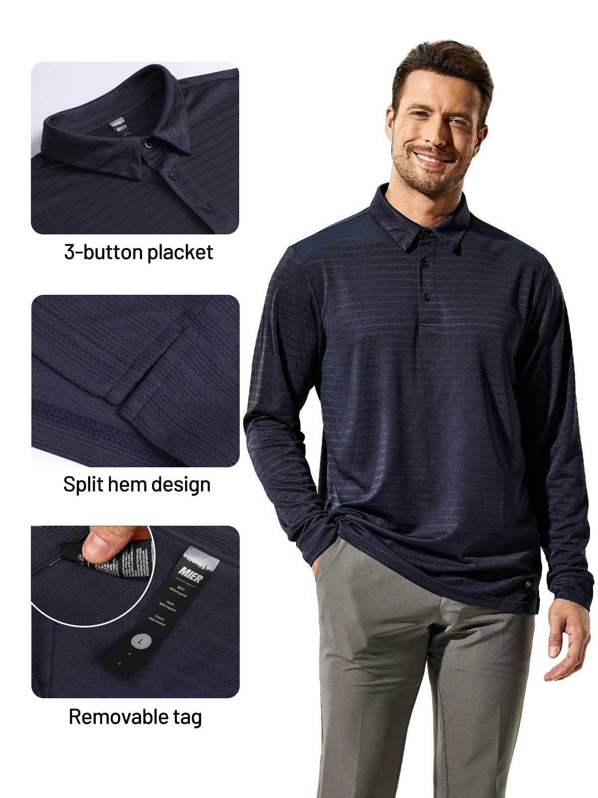 MIER Long Sleeve Polo Shirts for Men Quick Dry Polyester Collared Shirt Casual Performance Golf Shirts, Navy, XXL