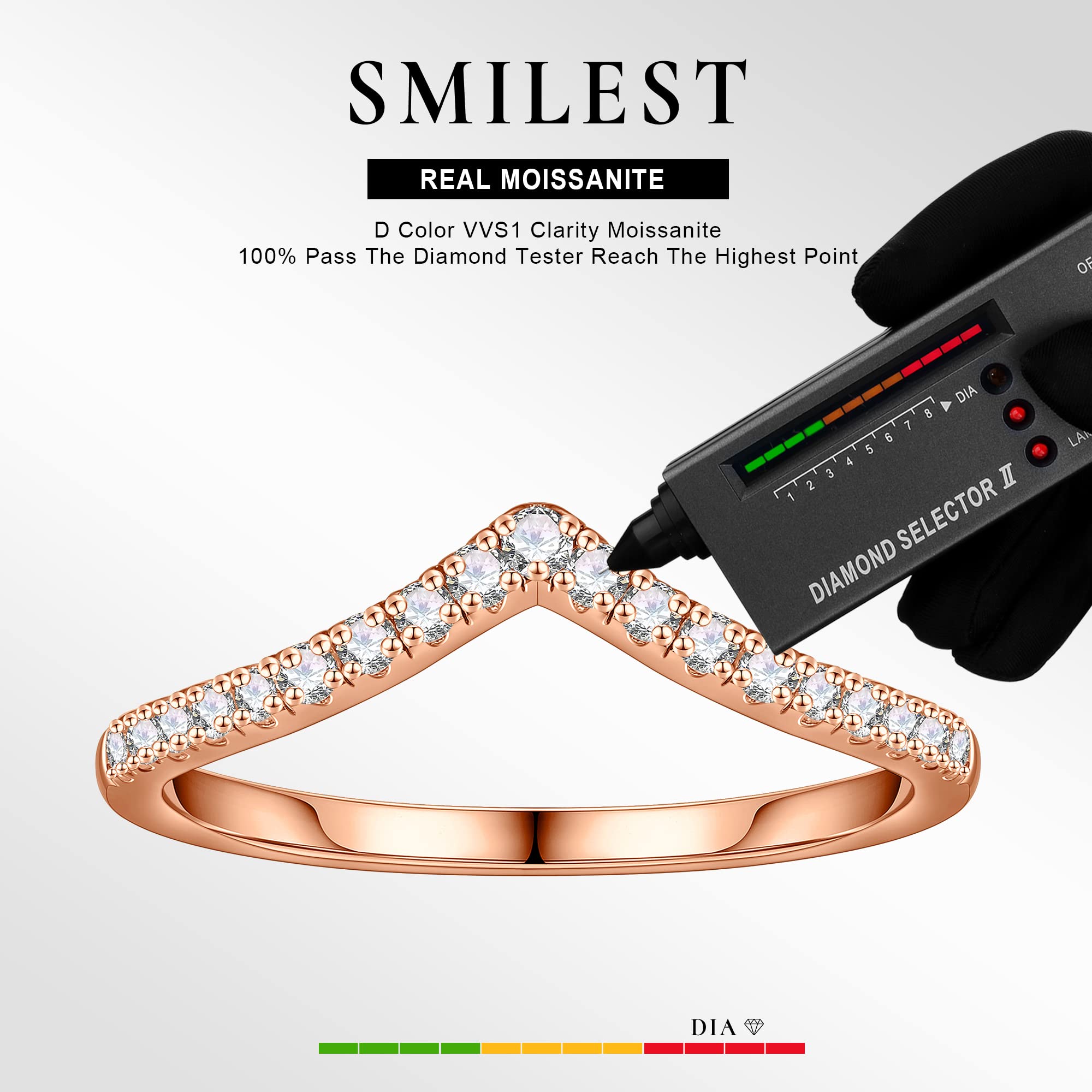 SMILEST Moissanite Eternity Ring for Women, D Color VVS1 Clarity Lab Created Diamond Wedding Band 14K Rose Gold Plated 925 Sterling Silver Wishbone Stackable Rings Moissanite Wedding Band for Women