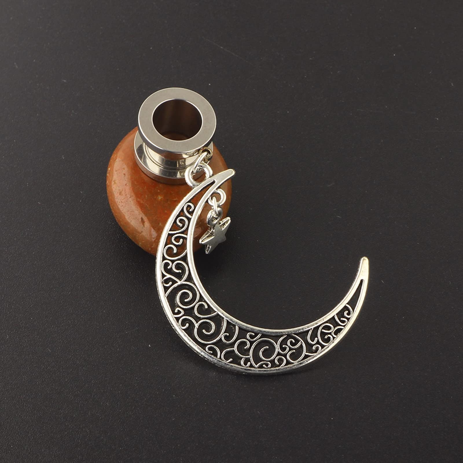 2PCS 9/16 inch Ear Gauges Tunnels Steel, Womens Tunnels for Ears Dangle 14mm Vintage Moon and Star Pendant