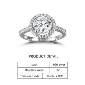 Moissanite Rings White Gold 2 Carat Round Cut Engagement Rings for Women Solitaire Rings D Color D Color VVSI Sterling Silver Rings