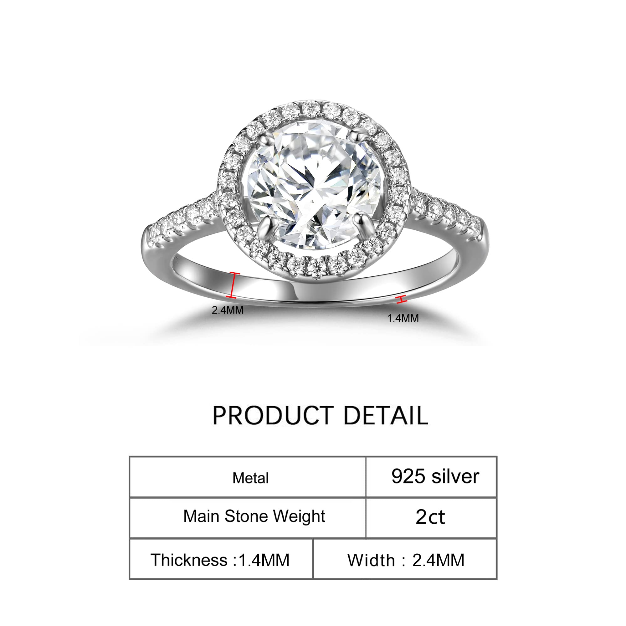 Moissanite Rings White Gold 2 Carat Round Cut Engagement Rings for Women Solitaire Rings D Color D Color VVSI Sterling Silver Rings