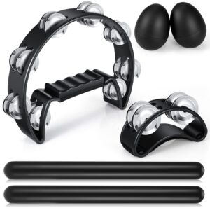 yeshone 6 pcs tambourines for adults, hand held half moon tambourine foot tambourine with bells wood rhythm sticks egg shakers musical hand percussion instrument set for party music supplies (black)