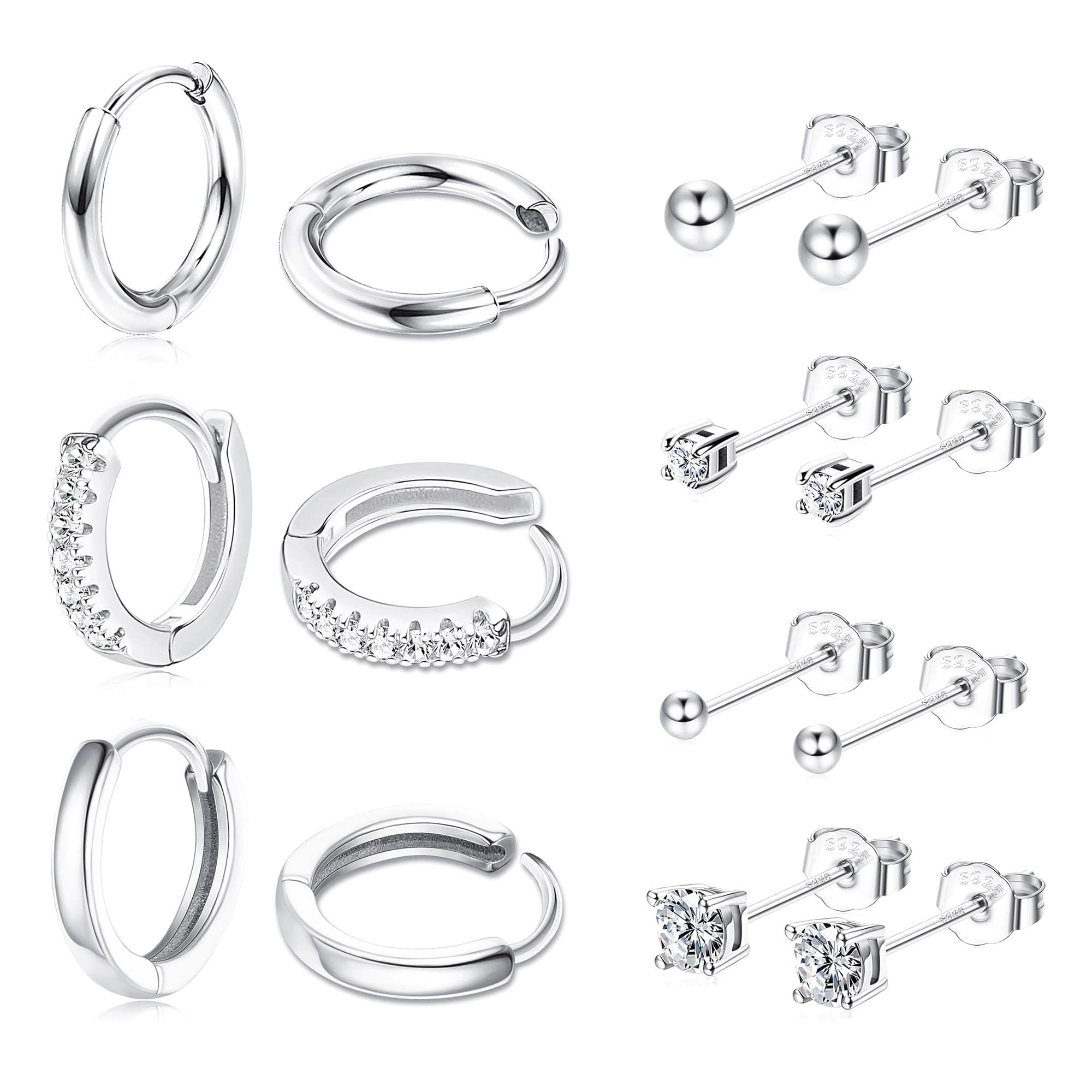 Jstyle 7 Pairs Sterling Silver Studs Earrings Set for Multiple Piercing Hoops Set Hypoallergenic Tiny Cubic Zirconia Ball Studs Earrings for Women